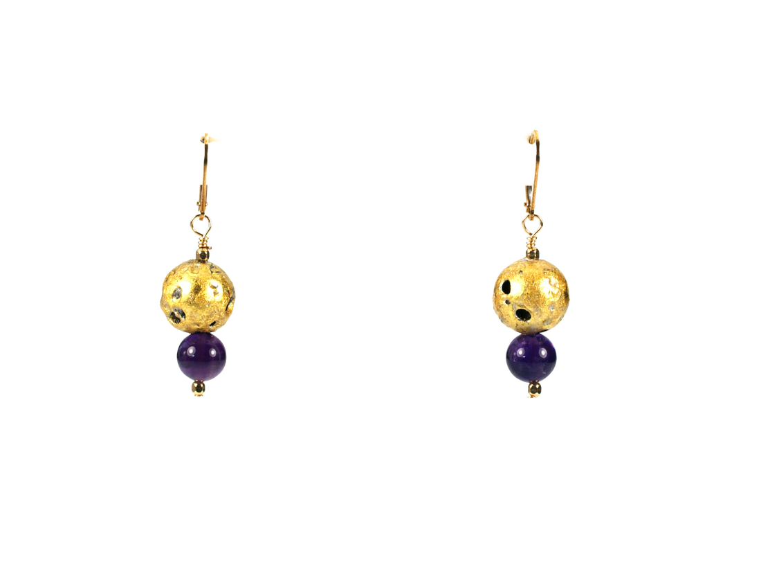 Amethyst Nugget Glow - Amethyst and Gold Leverback Earrings