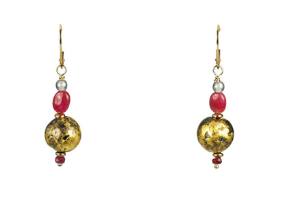 natural rubies and gold gilded round lava bead dangle earrings