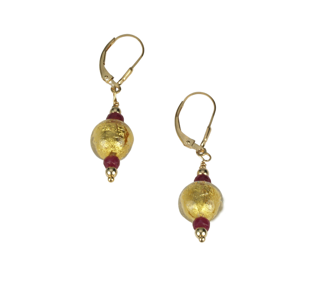 ruby and Venetian glass dangle lever back earrings