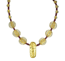 Load image into Gallery viewer, gold gilded lava stone pendant, rubies and lamp work Czech glass necklace