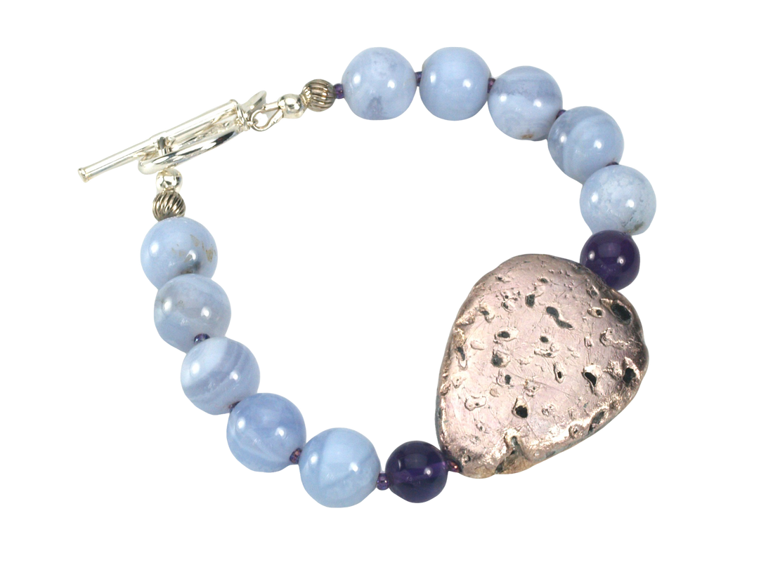 Sky Bright Bracelet - Amethyst, Blue Agate, and Hand-Gilded Silver on Lava Bracelet