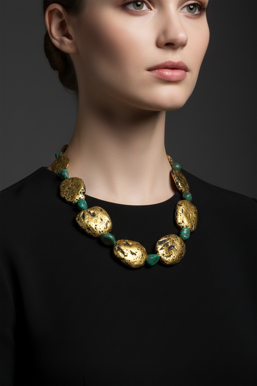 Turquoise Radiance Necklace - Lava, Gold, Green Turquoise