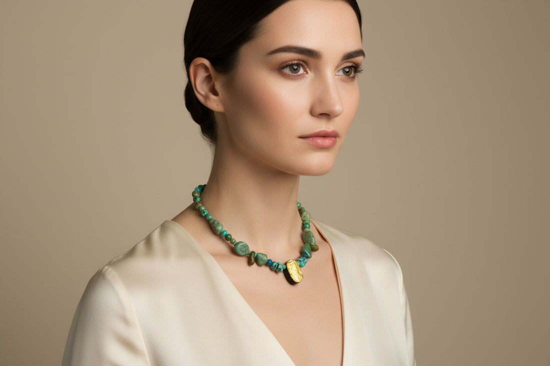 Green Turquoise and gold necklace on a model.