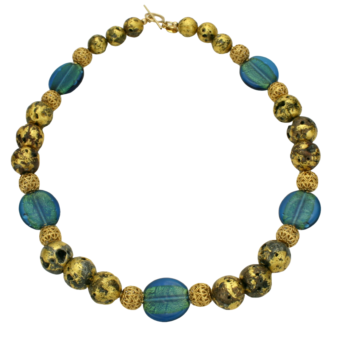Necklace with blue and gold beads on a white background