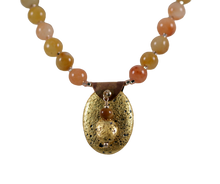 Load image into Gallery viewer, gold gilded on lava pendant and yellow jade necklace