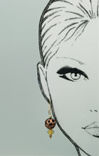 Load image into Gallery viewer, dark copper lace lamp work Czech glass round bead and gold bead earrings on Mannequin