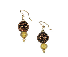 Load image into Gallery viewer, Dark copper color Czech glass lamp work and gold dangle earrings