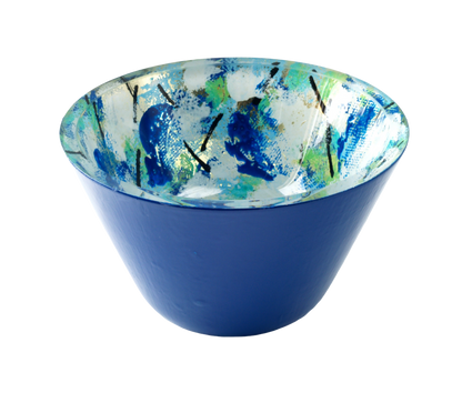 Blue painted and gold gilded glass art bowl