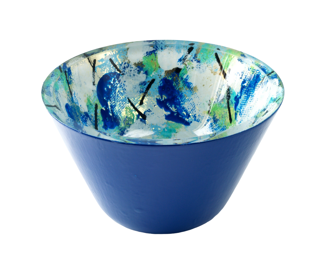Blue painted and gold gilded glass art bowl