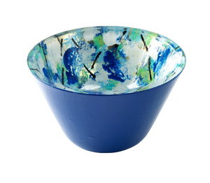 Blue painted and gold gilded glass art bowl