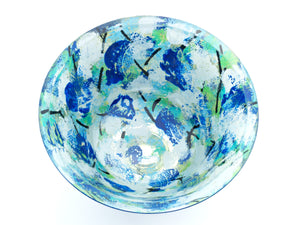 looking inside view of Blue abstract painted and gold gilded glass art bowl