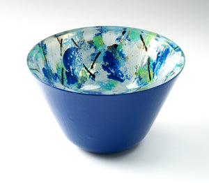 Unique abstract design glass bowl with solid blue color hand painted on the outside of the bowl