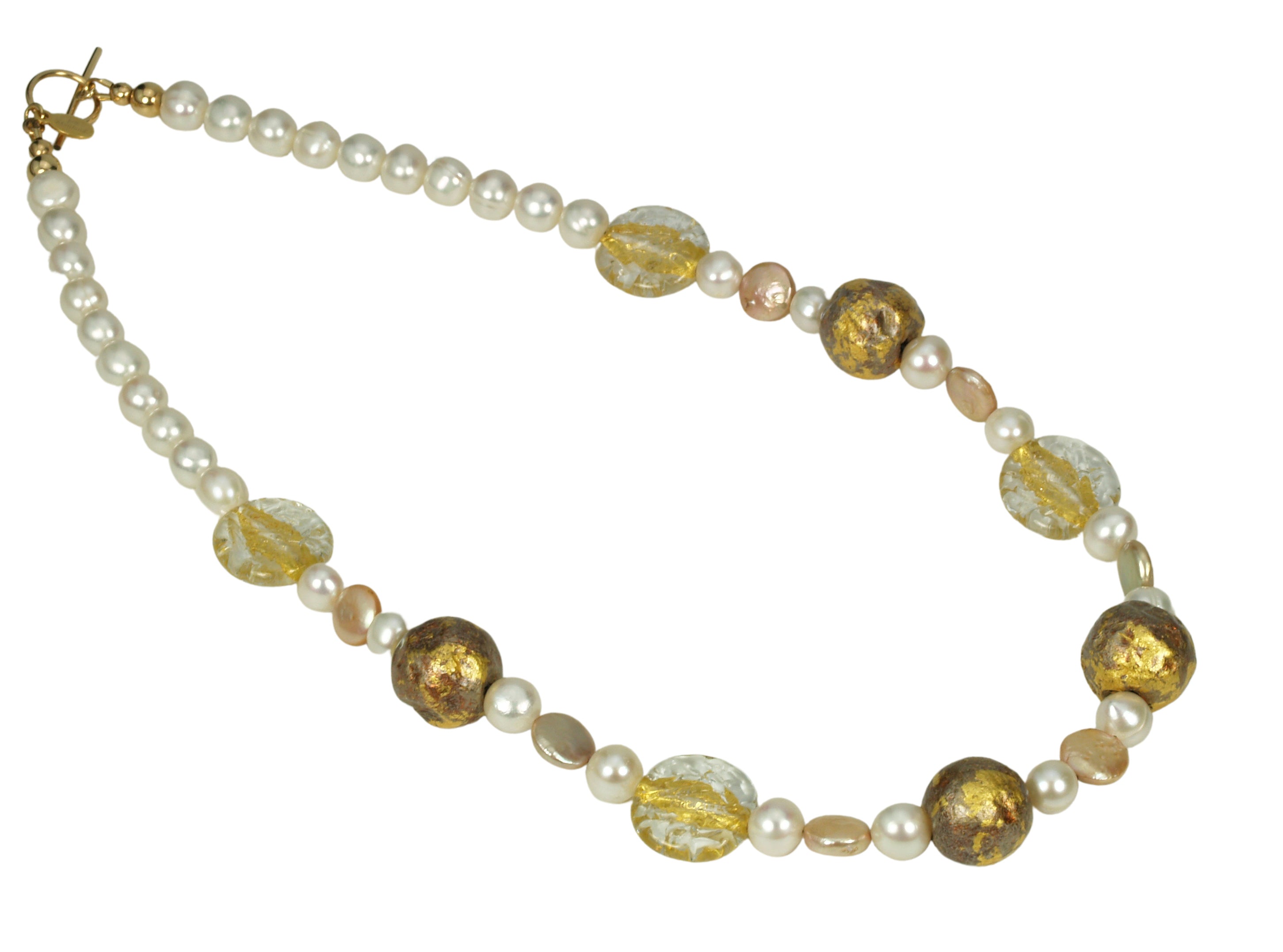 Pearl necklace with gold gilded beads, gold lampwork Czech glass beads, gold toggle clasp with artist designer tag.