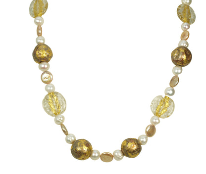 gilded gold and pearl necklace with Czech glass lamp work beads and gilded gold round beads.