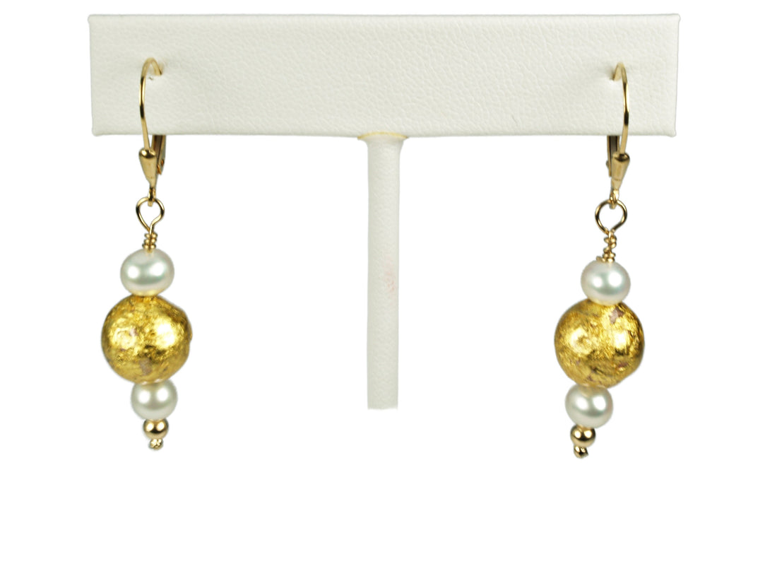"Matinee" Pearl and Gold on Lava Earrings