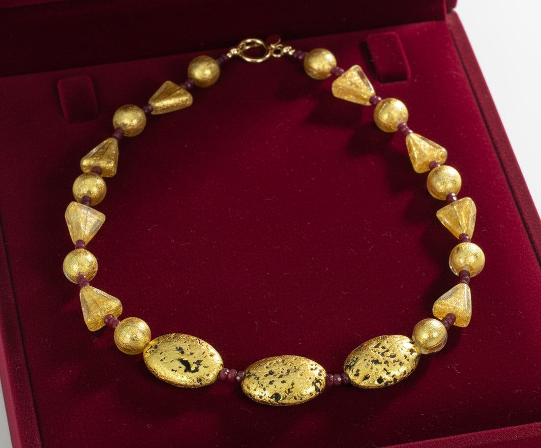 Ruby and Gold Venetian Glass Necklace "Ruby and Gustav"