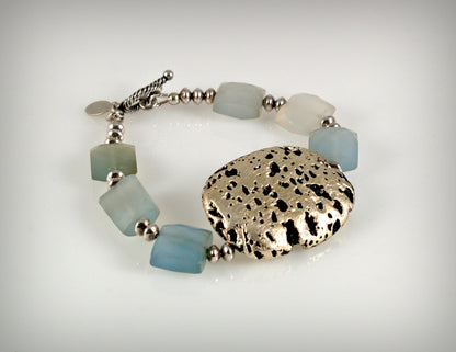 Baby Blue Glow Bracelet in Chalcedony and White Gold Gilded Leaf On Lava Stone