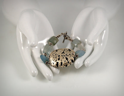 Baby Blue Glow Bracelet in Chalcedony and White Gold Gilded Leaf On Lava Stone