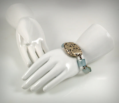 Baby Blue Glow Bracelet in Chalcedony and White Gold Gilded Leaf On Lava Stone