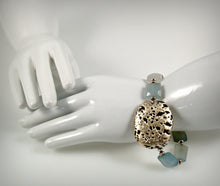 Load image into Gallery viewer, Baby Blue Glow Bracelet in Chalcedony and White Gold Gilded Leaf On Lava Stone