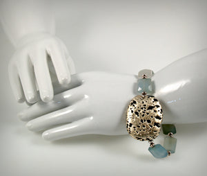 Baby Blue Glow Bracelet in Chalcedony and White Gold Gilded Leaf On Lava Stone