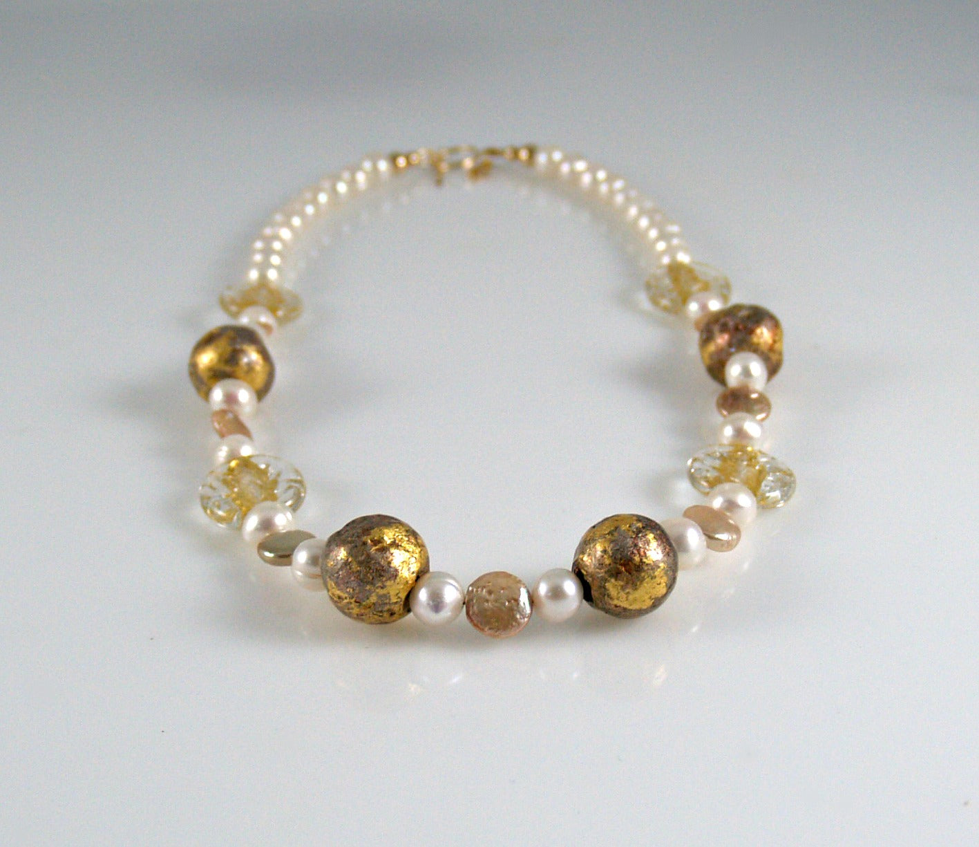 White Pearl necklace with gold gilded beads, gold lampwork Czech glass beads.