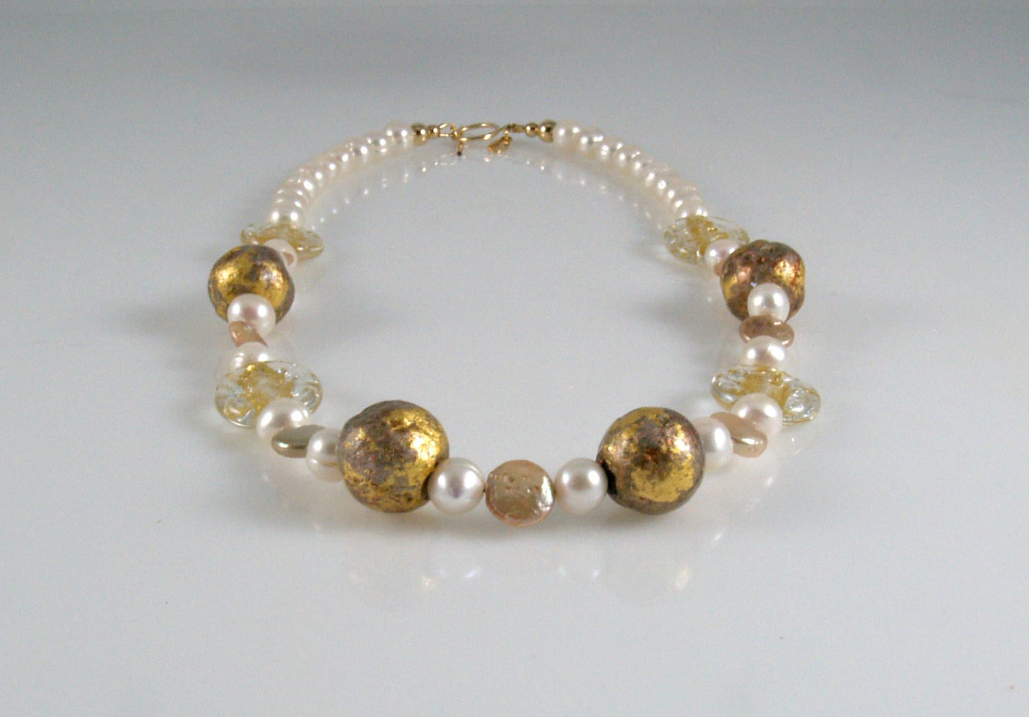 White Pearl necklace with gold gilded beads, gold lampwork Czech glass beads.