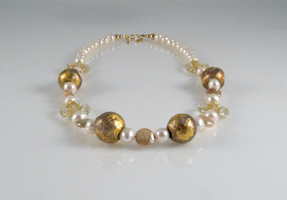 White Pearl necklace with gold gilded beads, gold lampwork Czech glass beads.