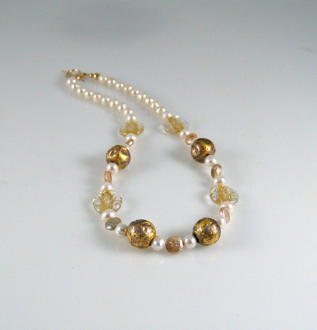 White Pearl necklace with gold gilded beads, gold lampwork Czech glass beads.