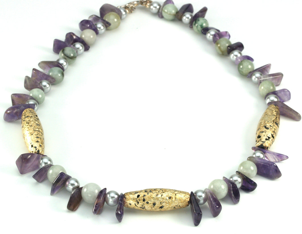 Mystique Necklace - White Gold, Jade, and Amethyst