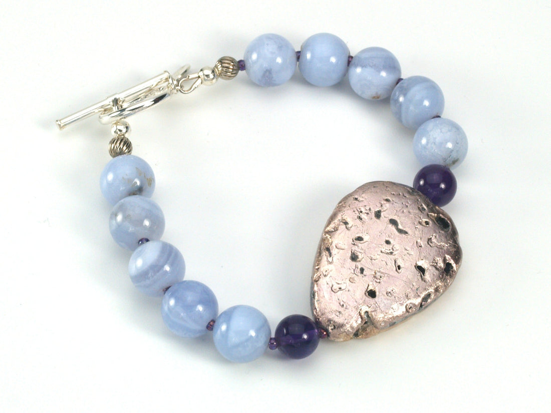 Sky Bright Bracelet - Amethyst, Blue Agate, and Hand-Gilded Silver on Lava Bracelet